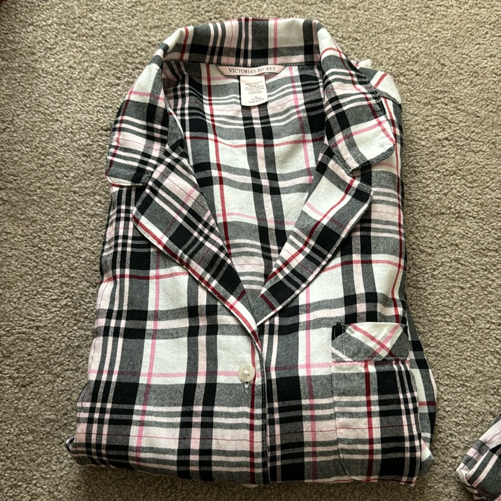 VICTORIA'S SECRET Flannel Long Pajama Set white lipstick heritage plaid M long